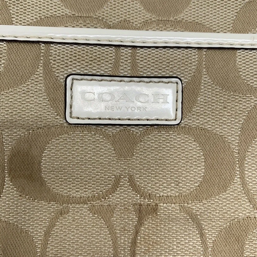 Coach Small Wristlet Signature Jacquard Monogram Khaki Tan White Patent Leather